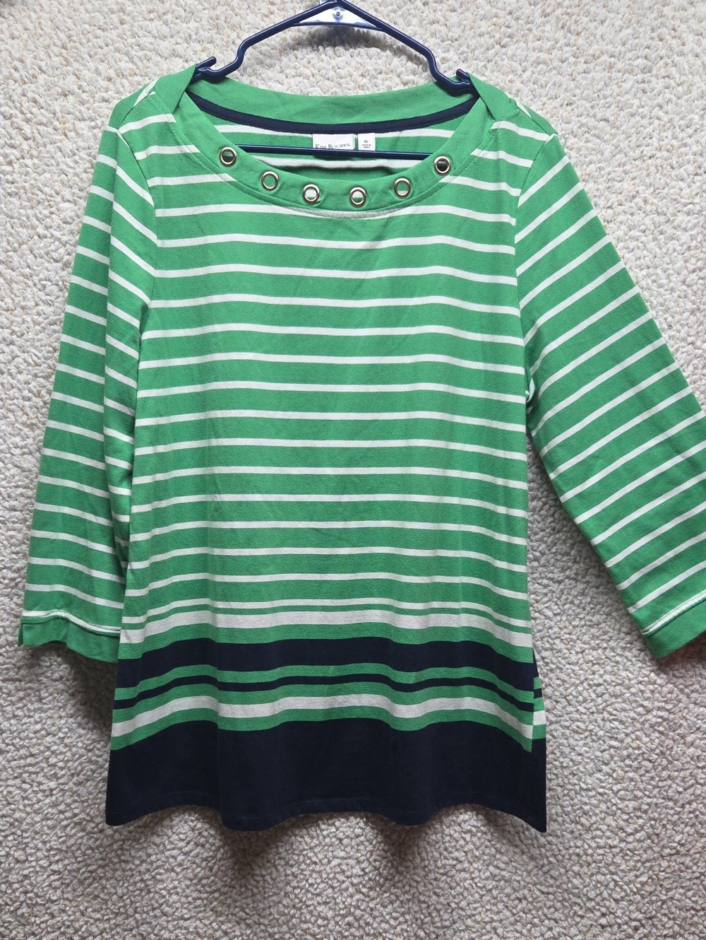 Kim Rogers Green Navy and White Striped Tunic with Grommet Neckline